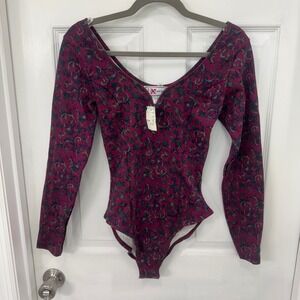 Vintage Body Exteriors Floral Paisley Bodysuit Burgundy Long Sleeve V-Neck M NWT
